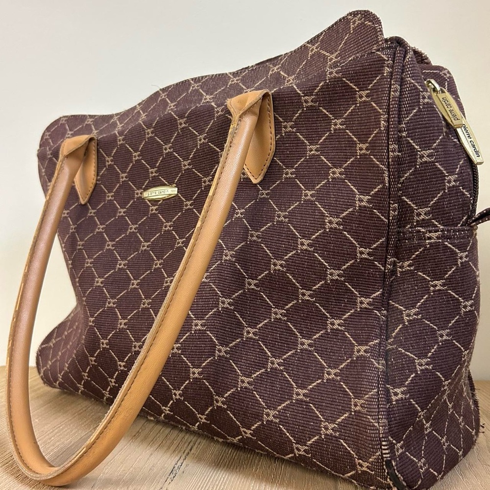 Vintage weekender canvas tote, brown tweed bag by Pierre Cardin